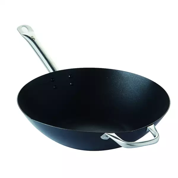 MasterClass Wok à induction en acier au carbone avec antiadhésif PTFE, PFOA et BPA, 24,5 cm, noir