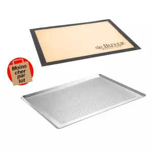 140x117 - Lot plaque à pâtisserie perforée + Tapis de cuisson perforé De Buyer