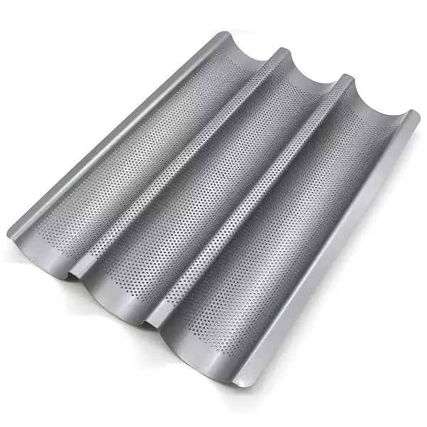 Plaque à Baguette 3 Cavités - Antiadhésive, Perforée, En Acier Carbone, Pour Pains Croustillants
