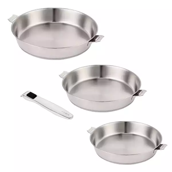 Lot 3 poêles inox 20 24 et 28 cm + 1 poignée Evolution Beka