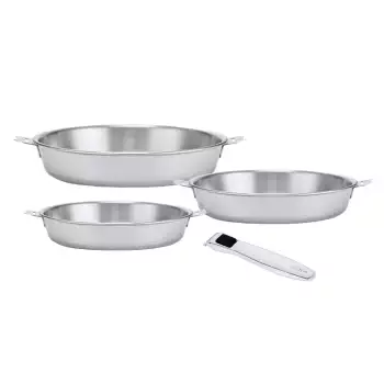 Lot 3 poêles inox Tri-Ply 20 24 et 28 cm + 1 poignée Evolution Beka