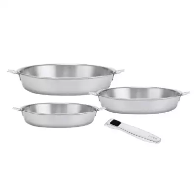 Lot 3 poêles inox Tri-Ply 20 24 et 28 cm + 1 poignée Evolution Beka