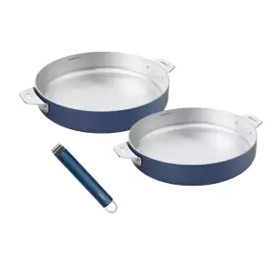 140x122 - Lot 2 poêles inox 24 et 28 cm + poignée La Merveilleuse Cookut Bleu Myrtille