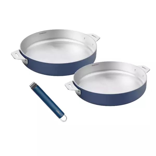 Lot 2 poêles inox 24 et 28 cm + poignée La Merveilleuse Cookut Bleu Myrtille