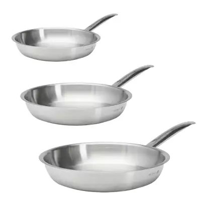 Lot 3 poêles inox Prim'Appety 20 24 et 28 cm De Buyer